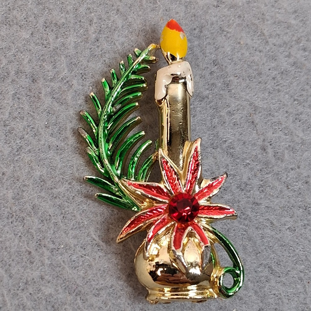 Vintage Christmas Candle Poinsettia Brooch Gold Tone Enamel Rhinestone Pin